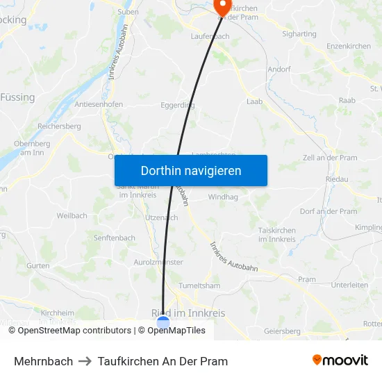 Mehrnbach to Taufkirchen An Der Pram map