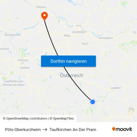 Pöls-Oberkurzheim to Taufkirchen An Der Pram map