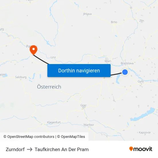 Zurndorf to Taufkirchen An Der Pram map