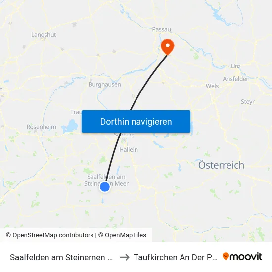 Saalfelden am Steinernen Meer to Taufkirchen An Der Pram map