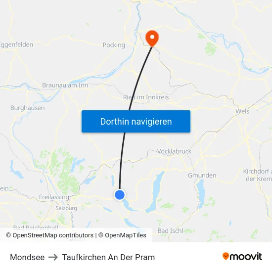 Mondsee to Taufkirchen An Der Pram map