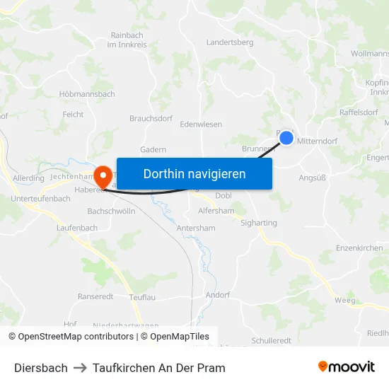 Diersbach to Taufkirchen An Der Pram map