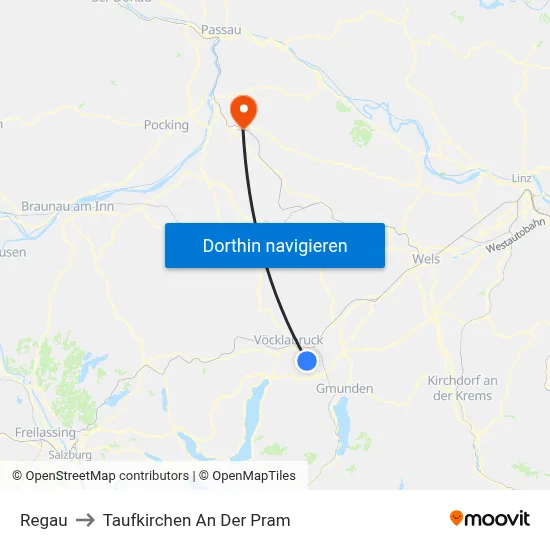 Regau to Taufkirchen An Der Pram map