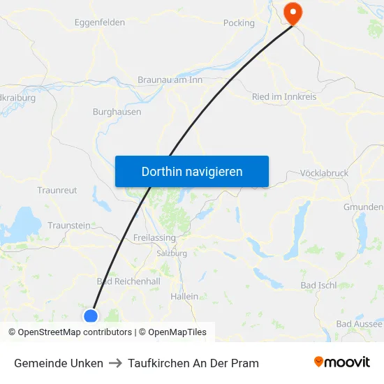 Gemeinde Unken to Taufkirchen An Der Pram map