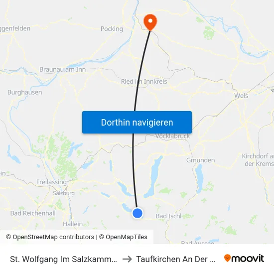 St. Wolfgang Im Salzkammergut to Taufkirchen An Der Pram map