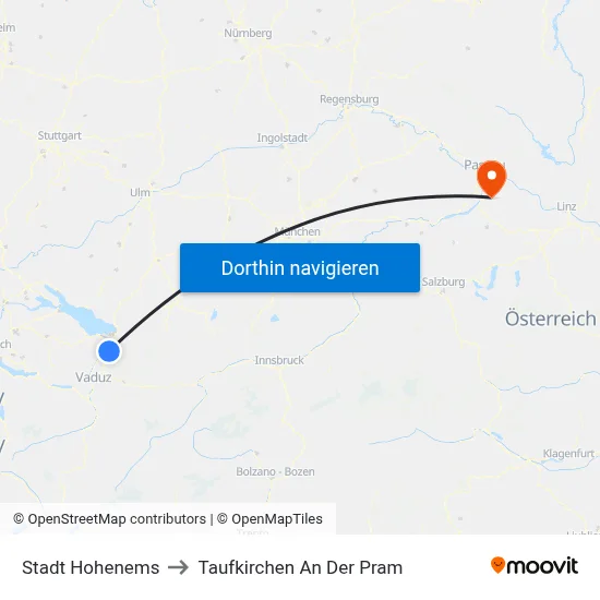 Stadt Hohenems to Taufkirchen An Der Pram map
