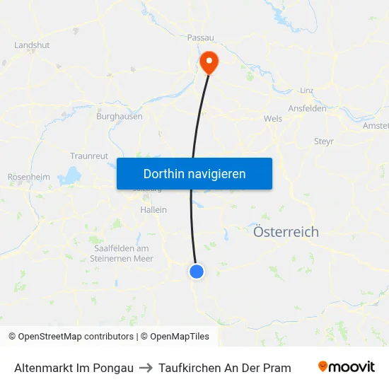 Altenmarkt Im Pongau to Taufkirchen An Der Pram map