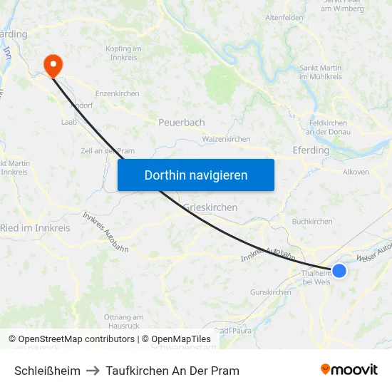 Schleißheim to Taufkirchen An Der Pram map