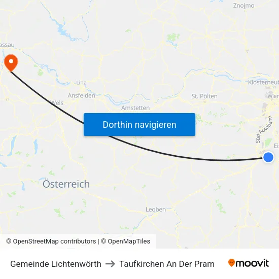 Gemeinde Lichtenwörth to Taufkirchen An Der Pram map