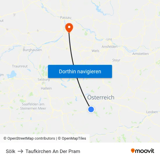Sölk to Taufkirchen An Der Pram map