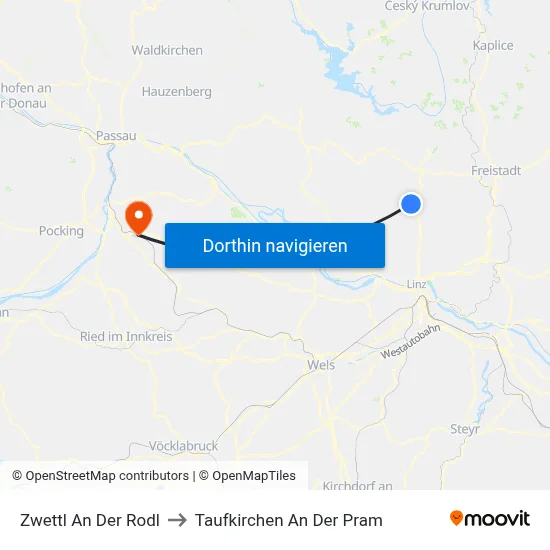 Zwettl An Der Rodl to Taufkirchen An Der Pram map