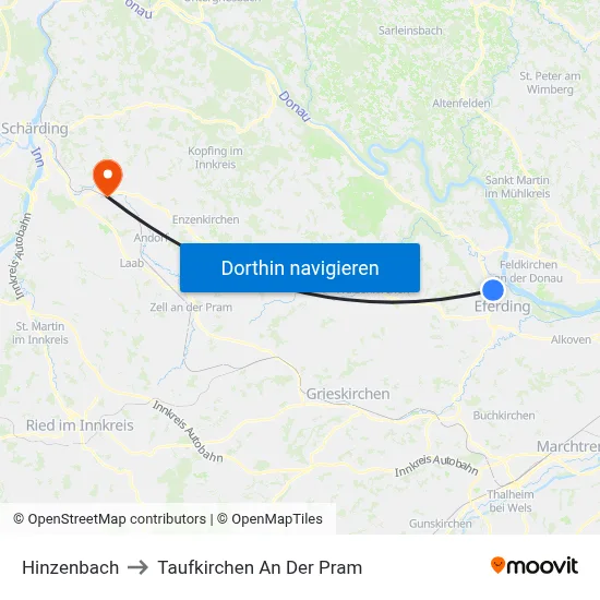 Hinzenbach to Taufkirchen An Der Pram map