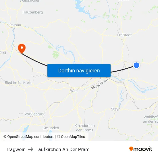 Tragwein to Taufkirchen An Der Pram map