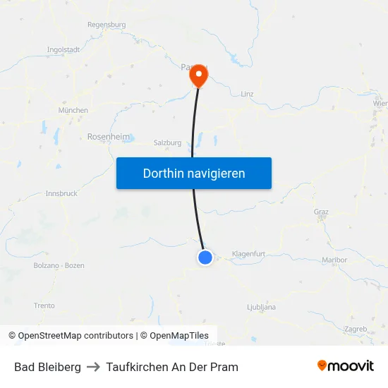 Bad Bleiberg to Taufkirchen An Der Pram map