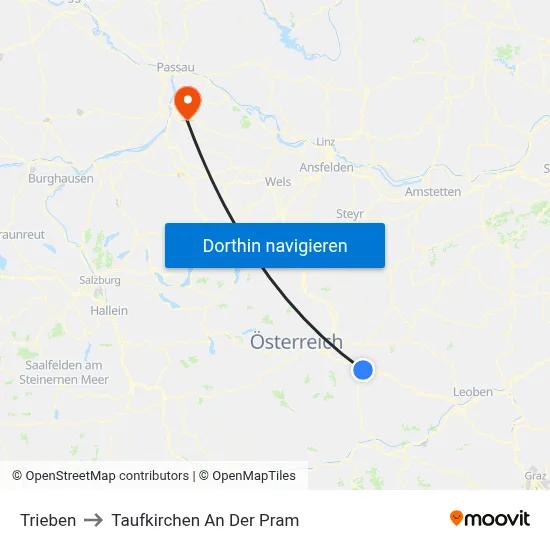 Trieben to Taufkirchen An Der Pram map