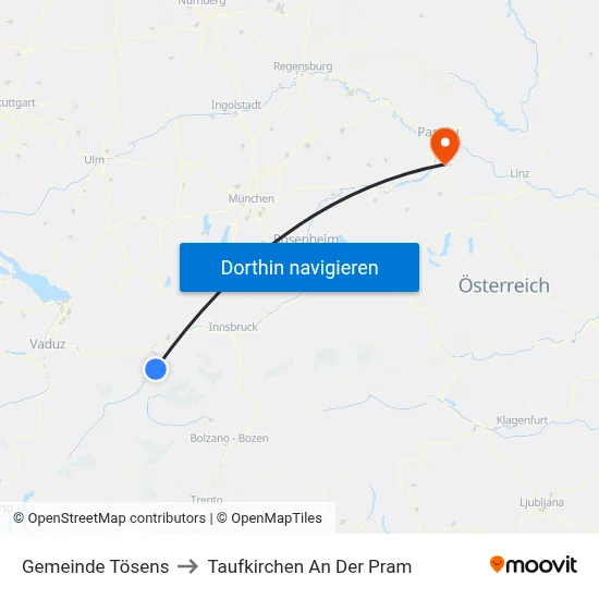 Gemeinde Tösens to Taufkirchen An Der Pram map