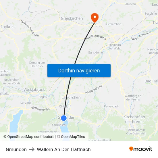 Gmunden to Wallern An Der Trattnach map