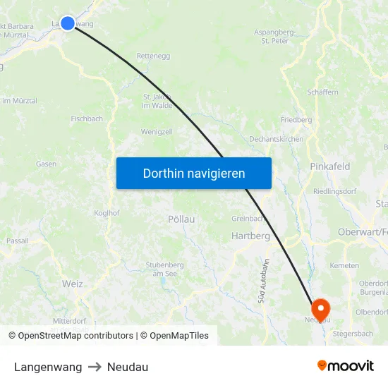 Langenwang to Neudau map