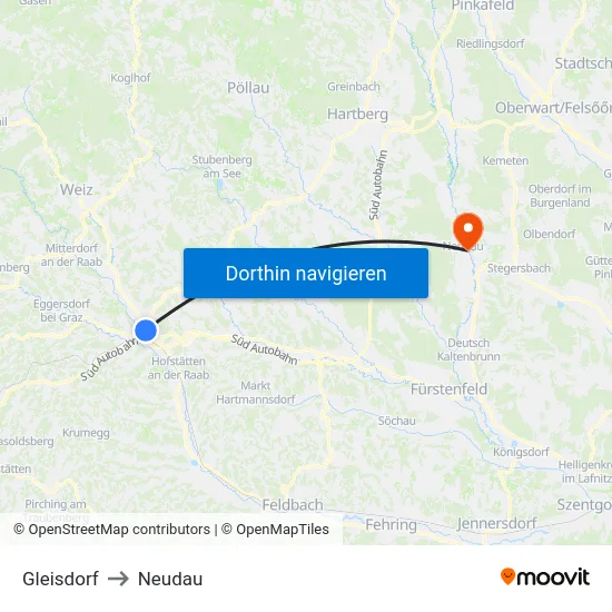 Gleisdorf to Neudau map