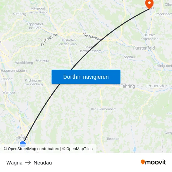 Wagna to Neudau map