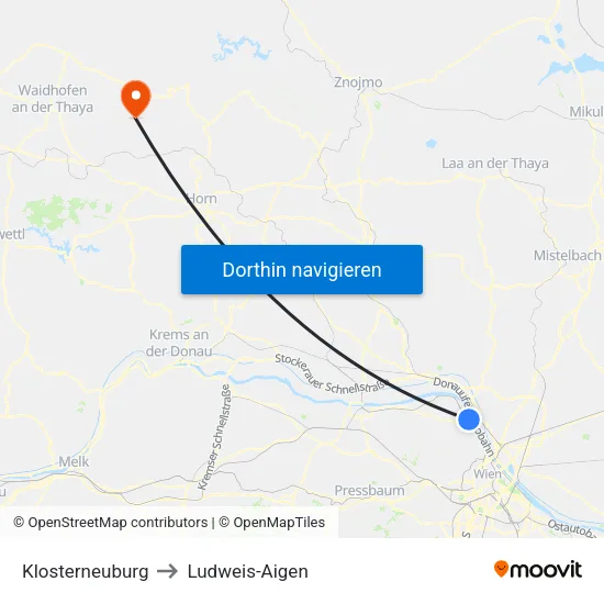 Klosterneuburg to Ludweis-Aigen map