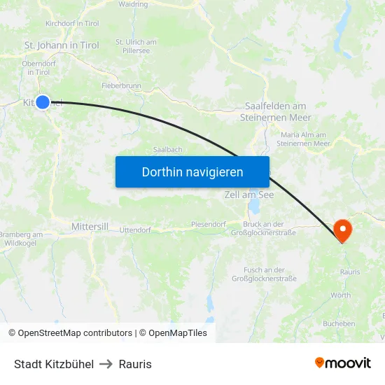 Stadt Kitzbühel to Rauris map