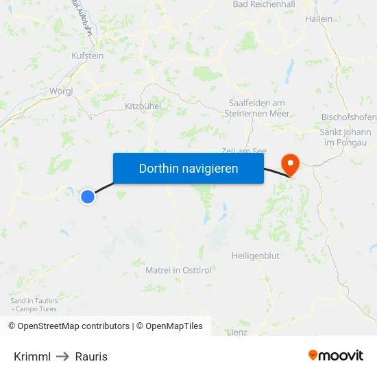 Krimml to Rauris map