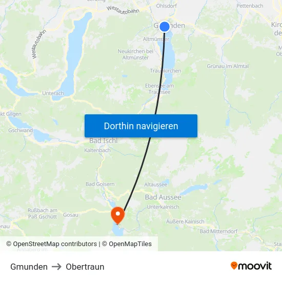 Gmunden to Obertraun map