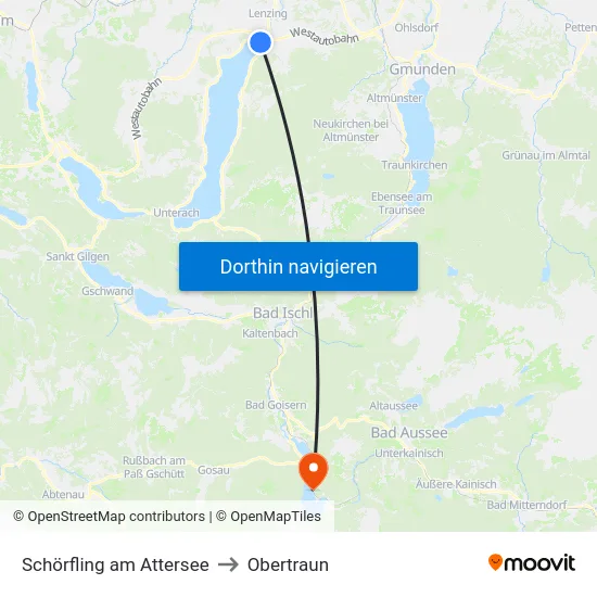 Schörfling am Attersee to Obertraun map