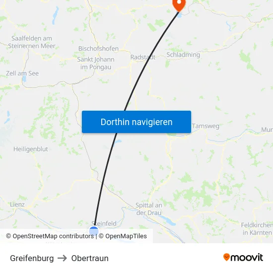 Greifenburg to Obertraun map