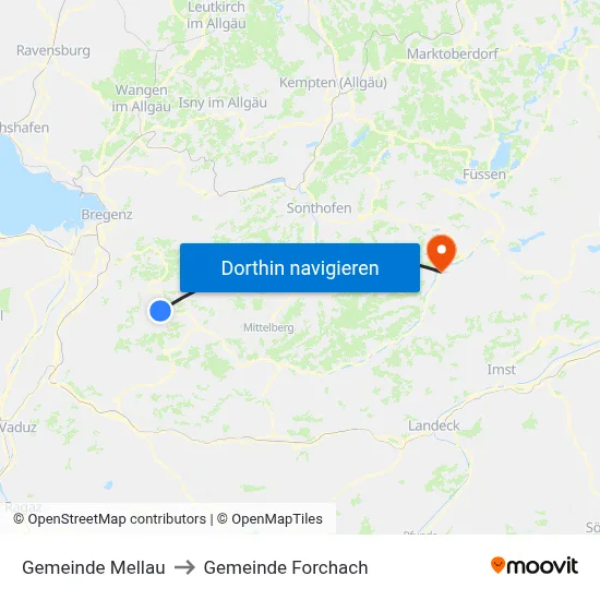 Gemeinde Mellau to Gemeinde Forchach map