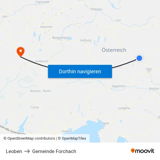 Leoben to Gemeinde Forchach map