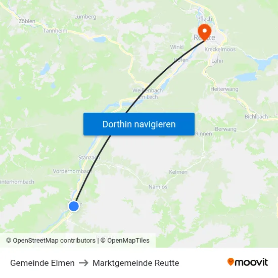 Gemeinde Elmen to Marktgemeinde Reutte map