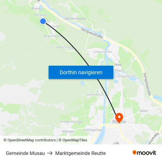 Gemeinde Musau to Marktgemeinde Reutte map