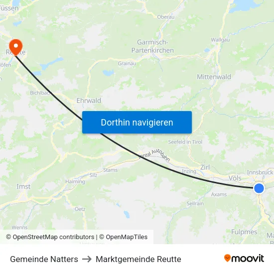Gemeinde Natters to Marktgemeinde Reutte map
