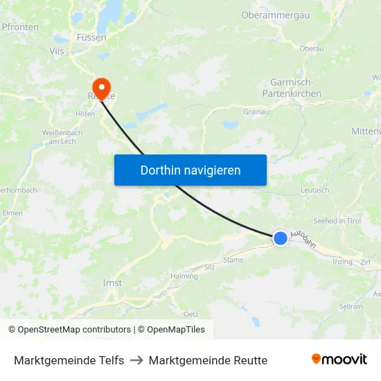 Marktgemeinde Telfs to Marktgemeinde Reutte map