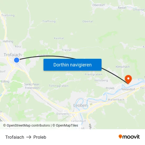 Trofaiach to Proleb map