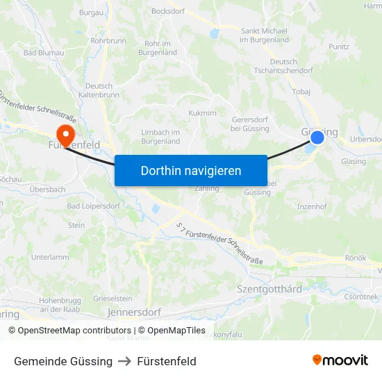 Gemeinde Güssing to Fürstenfeld map