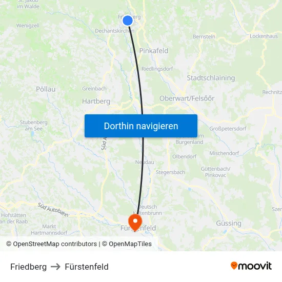 Friedberg to Fürstenfeld map