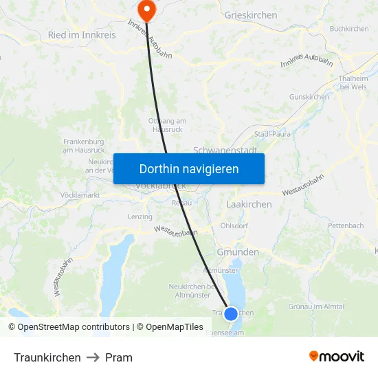 Traunkirchen to Pram map