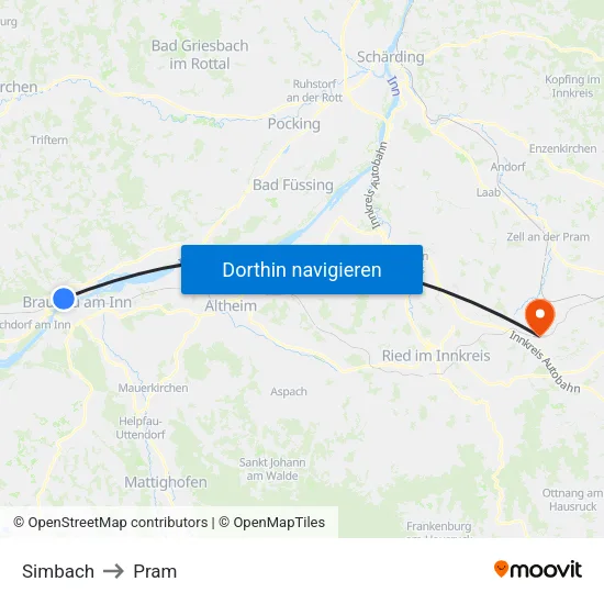 Simbach to Pram map