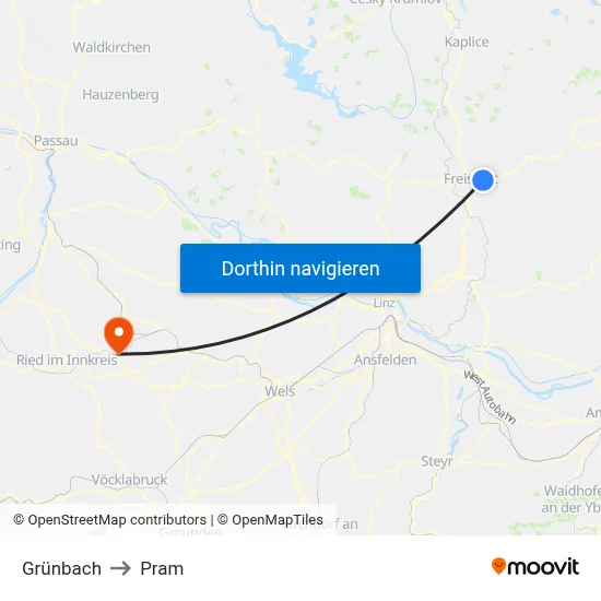 Grünbach to Pram map