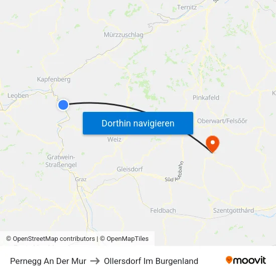 Pernegg An Der Mur to Ollersdorf Im Burgenland map