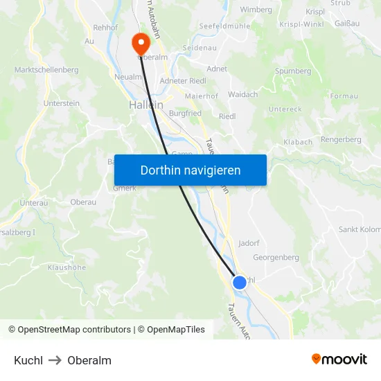 Kuchl to Oberalm map