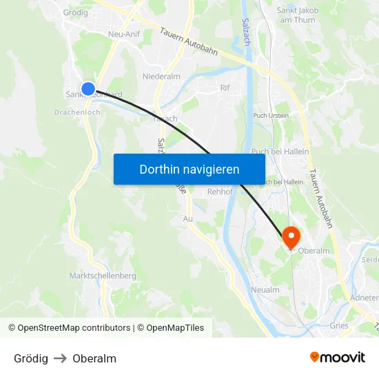Grödig to Oberalm map