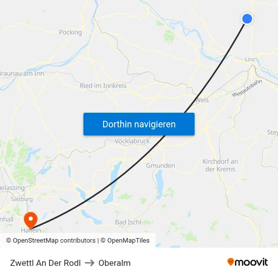 Zwettl An Der Rodl to Oberalm map