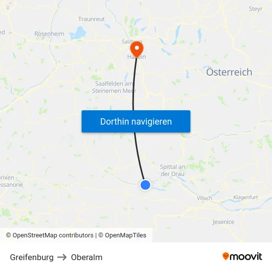 Greifenburg to Oberalm map