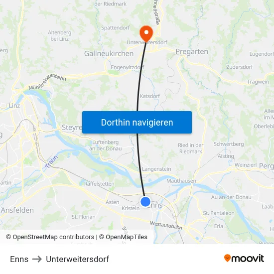 Enns to Unterweitersdorf map