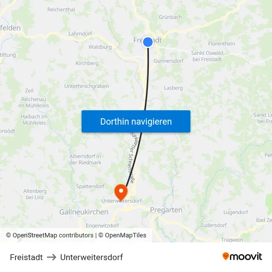 Freistadt to Unterweitersdorf map