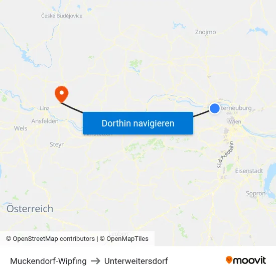 Muckendorf-Wipfing to Unterweitersdorf map